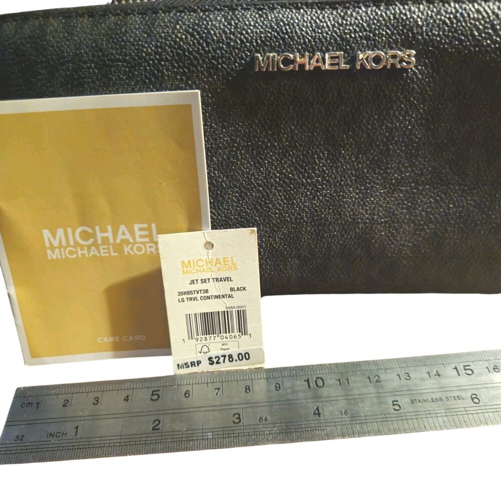 Michael Kors Large Jet Set Travel Wallet Continental Black Wristlet Euro Summer